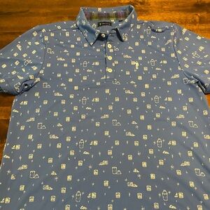 William Murray Golf Polo Blue Whiskey Old Fashion Print Large Tartan Trim